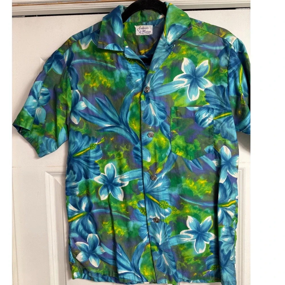 Fashions of Hawaii Mens Blue Green Floral Hibiscus Aloha Shirt Sz‎ Medium